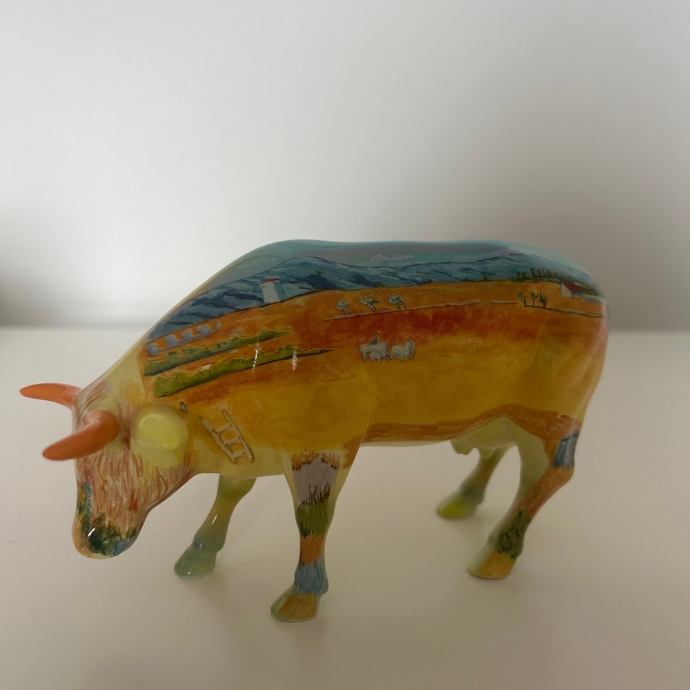 Vincent Van Gogh Vibrant Pastoral Cow Sculpture - Yellow and Blue Art Piece